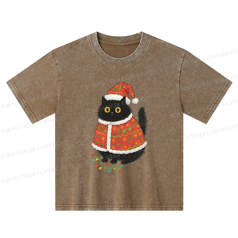 Tokyo-Tiger Cat Wearing Santa Hat Kids Washed T-Shirt