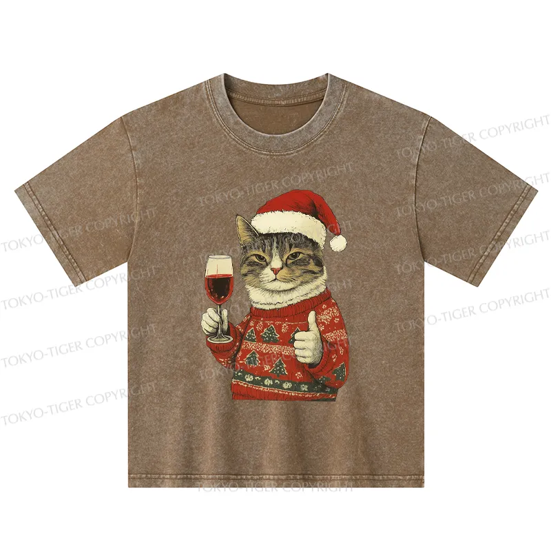 Tokyo-Tiger Christmas Cat Likes Kids Washed T-Shirt