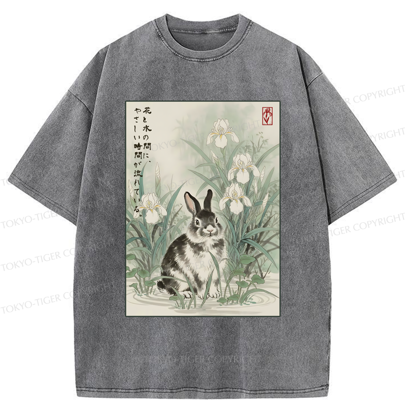 Tokyo-Tiger Little Rabbit Beneath the Blooming Irises Washed T-Shirt