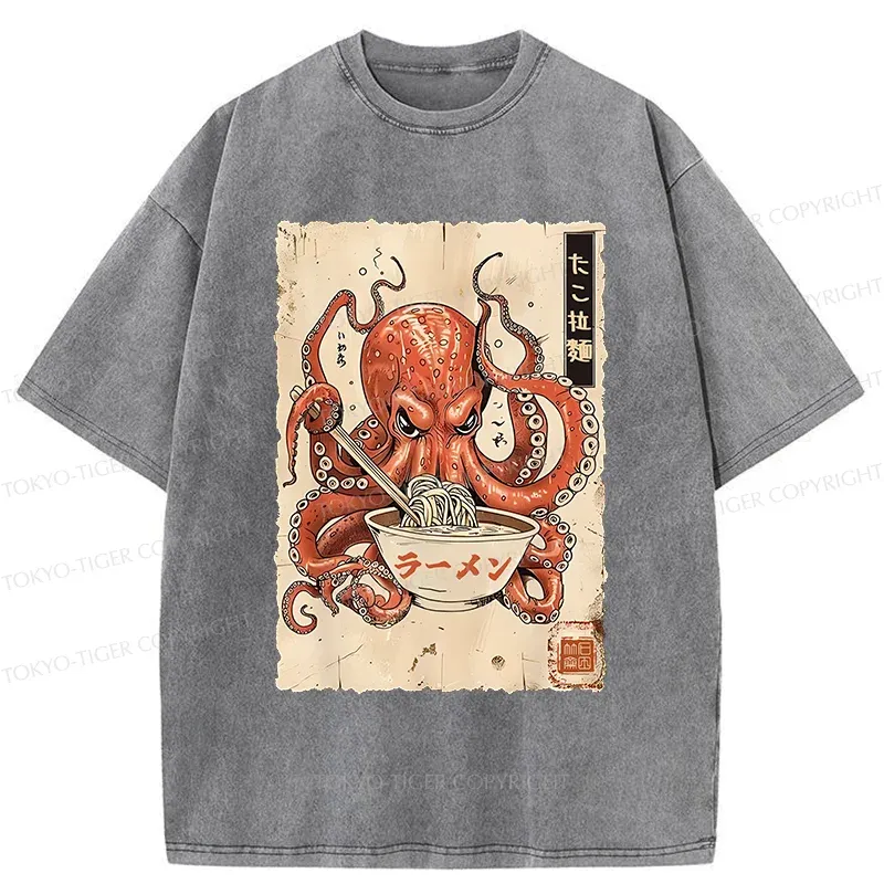 Tokyo-Tiger Retro Octopus Eating Ramen Washed T-Shirt