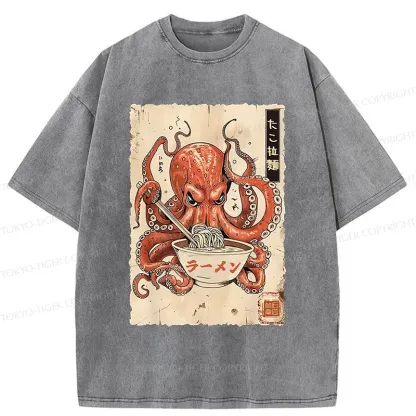 Tokyo-Tiger Retro Octopus Eating Ramen Washed T-Shirt