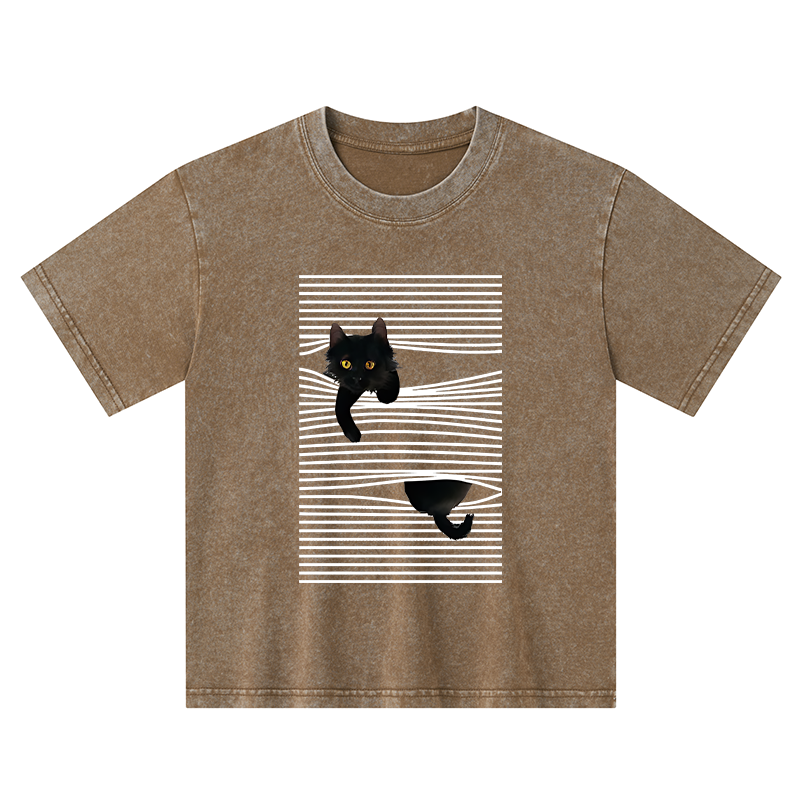 Tokyo-Tiger Cat Scratching Curtain Kids Washed T-Shirt
