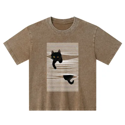 Tokyo-Tiger Cat Scratching Curtain Kids Washed T-Shirt