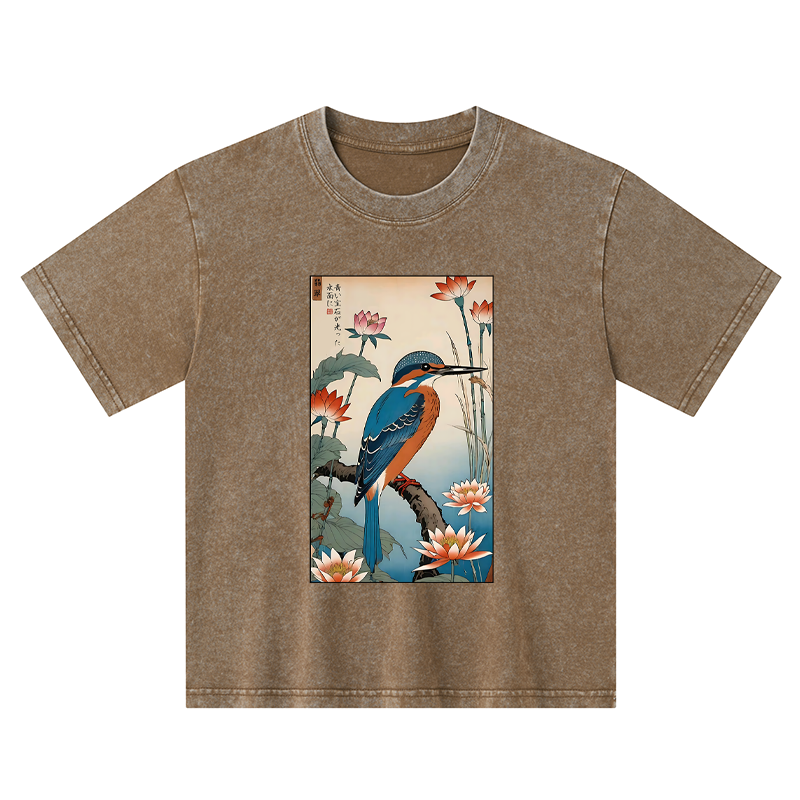 Tokyo-Tiger Ukiyo-e Kingfisher Kids Washed T-Shirt
