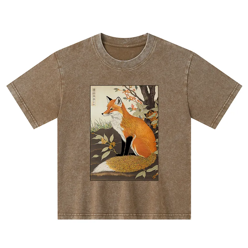 Tokyo-Tiger Ukiyo-e Fox Kids Washed T-Shirt