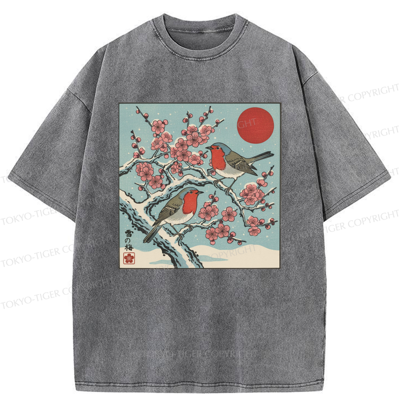 Tokyo-Tiger Winter Blossoms And Feathered Melodies Washed T-Shirt