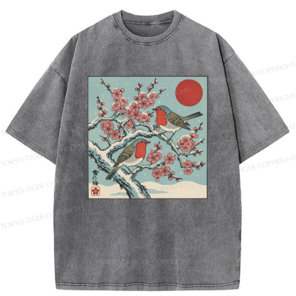 Tokyo-Tiger Winter Blossoms And Feathered Melodies Washed T-Shirt