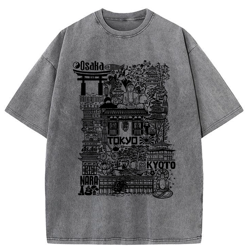 Tokyo-Tiger Japanese Line Cityscape Washed T-Shirt