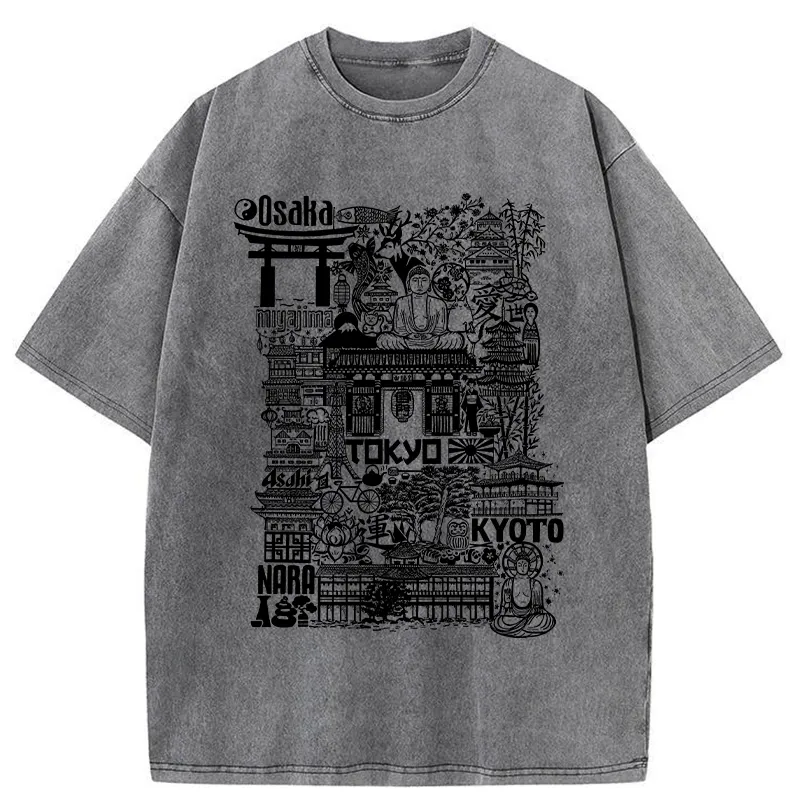 Tokyo-Tiger Japanese Line Cityscape Washed T-Shirt