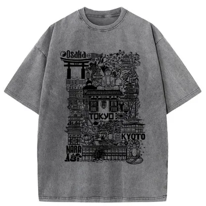 Tokyo-Tiger Japanese Line Cityscape Washed T-Shirt