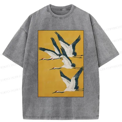 Tokyo-Tiger Vintage Cranes Painting Washed T-Shirt