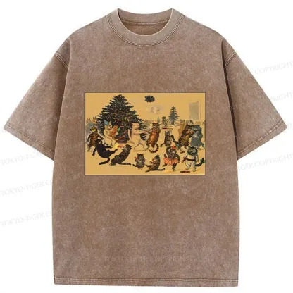 Tokyo-Tiger Christmas Cat Party Washed T-Shirt
