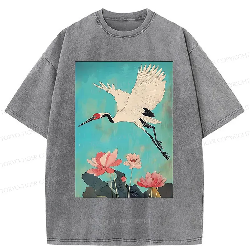 Tokyo-Tiger Crane And Lotus Japan Washed T-Shirt