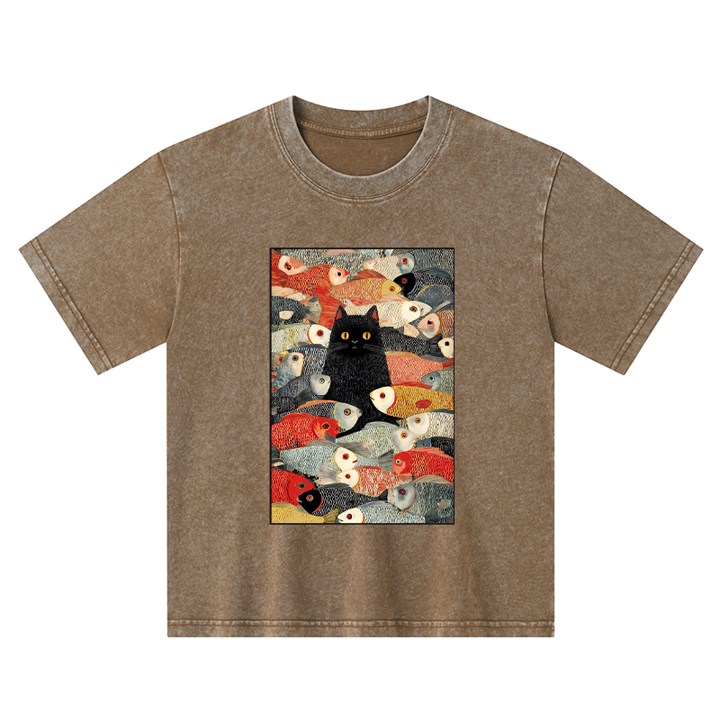 Tokyo-Tiger Cats And Fish Kids Washed T-Shirt