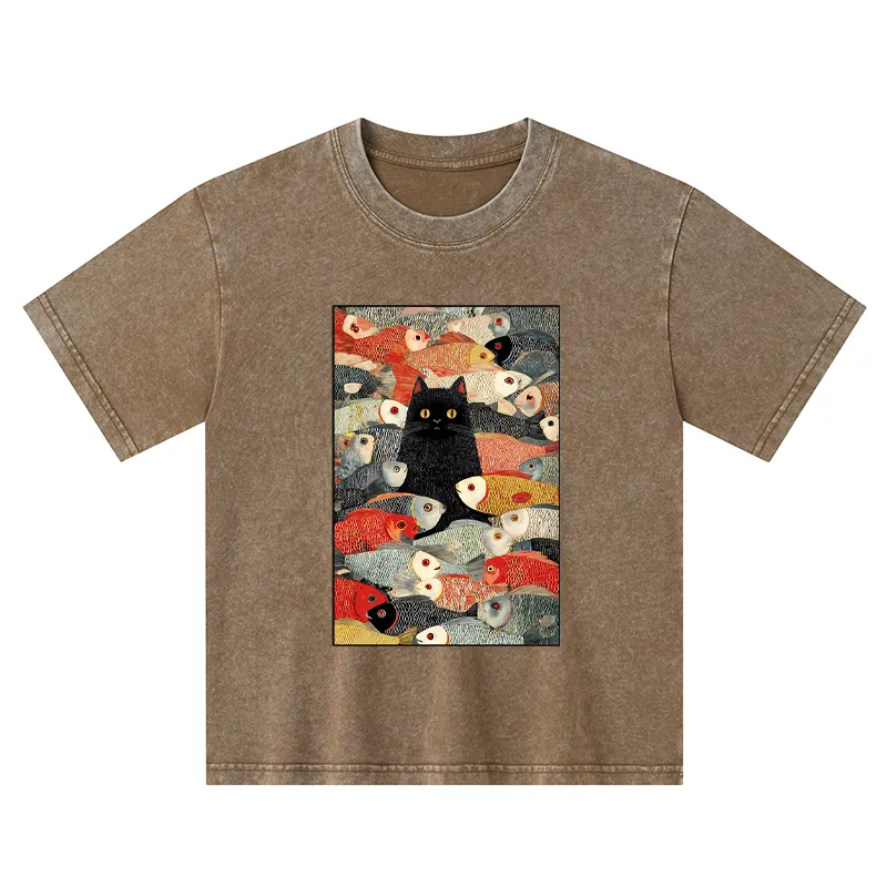 Tokyo-Tiger Cats And Fish Kids Washed T-Shirt