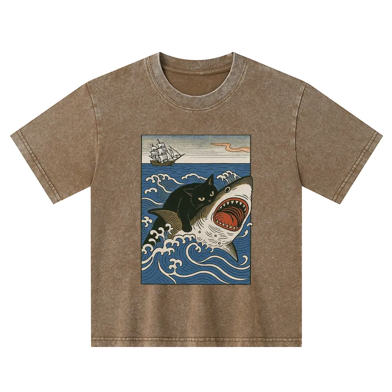 Tokyo-Tiger Cat Hunting Shark Kids Washed T-Shirt