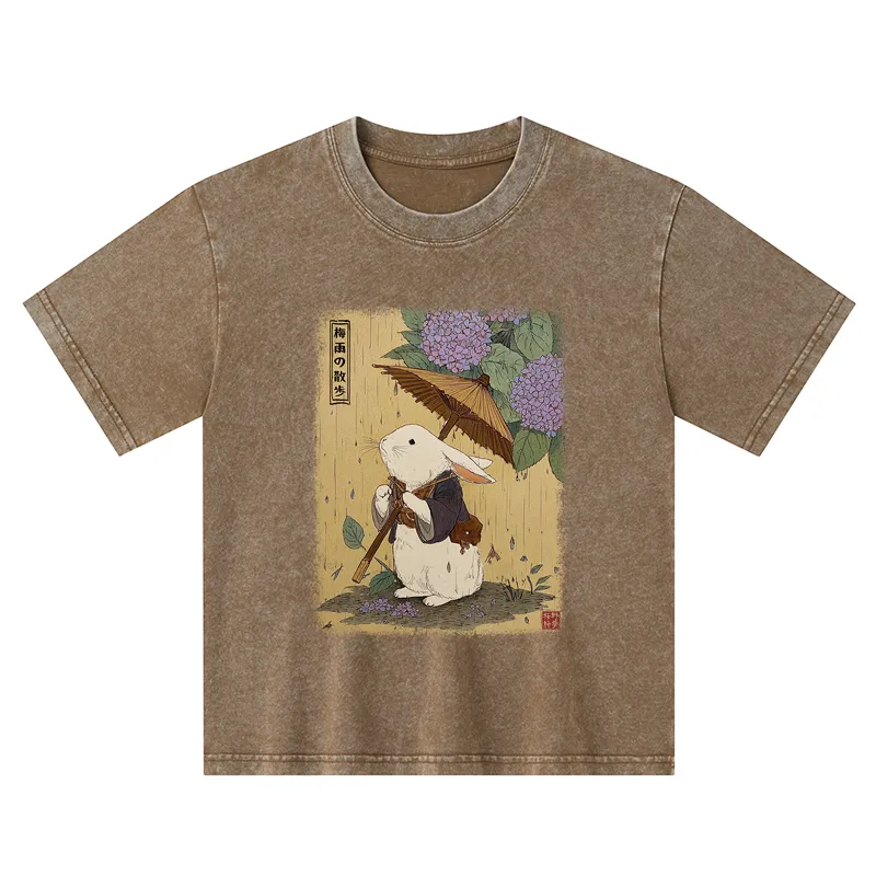 Tokyo-Tiger Ukiyoe Rainy Stroll Bunny Kids Washed T-Shirt