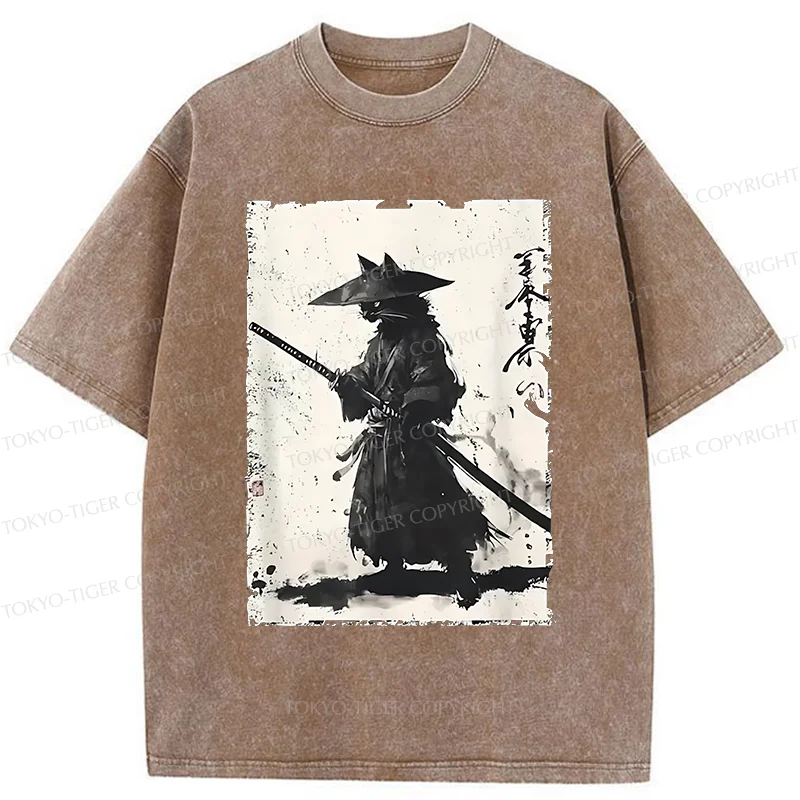 Tokyo-Tiger Handsome Cat Japanese Samurai Washed T-Shirt