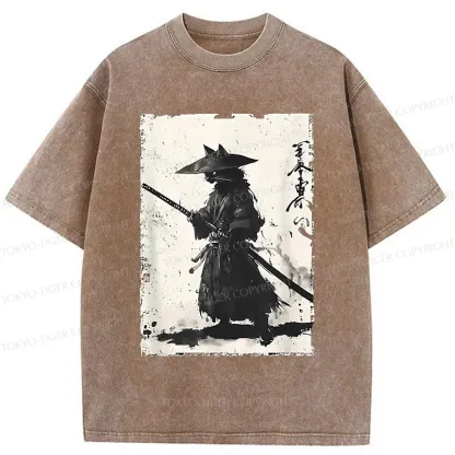 Tokyo-Tiger Handsome Cat Japanese Samurai Washed T-Shirt