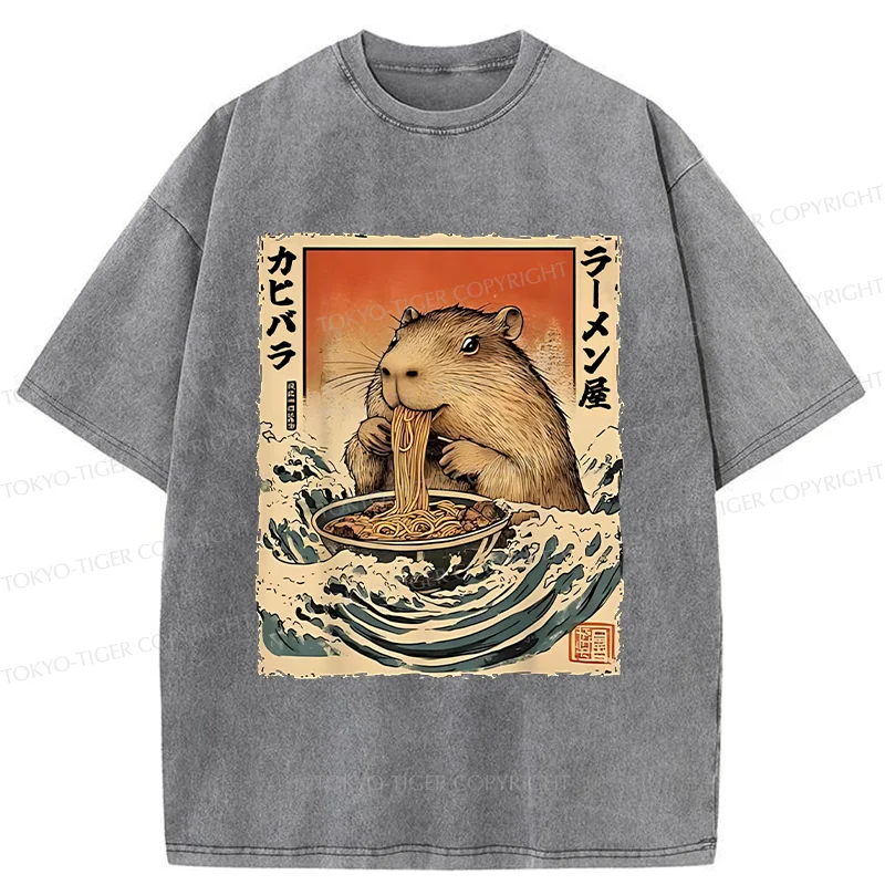Tokyo-Tiger Hamster Eating Ramen Washed T-Shirt