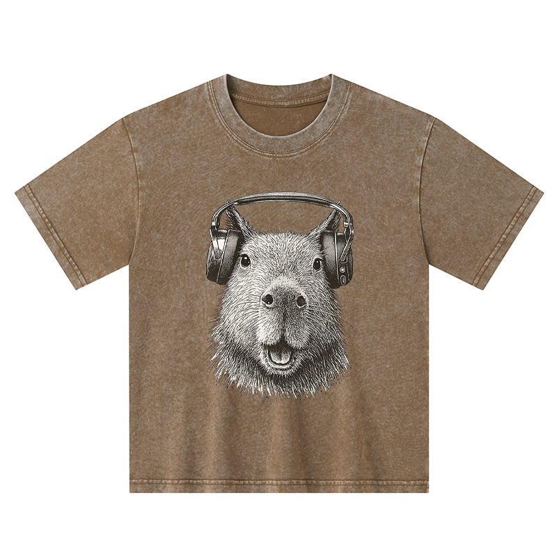 Tokyo-Tiger Capybara Listening To Music Kids Washed T-Shirt