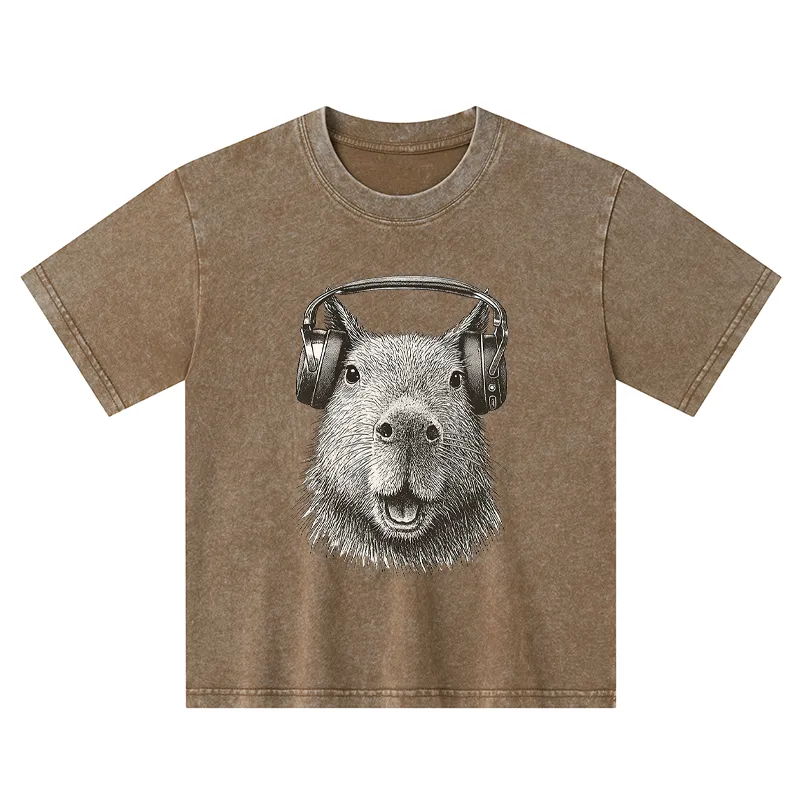 Tokyo-Tiger Capybara Listening To Music Kids Washed T-Shirt