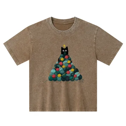 Tokyo-Tiger Yarn Christmas Tree Cat Kids Washed T-Shirt