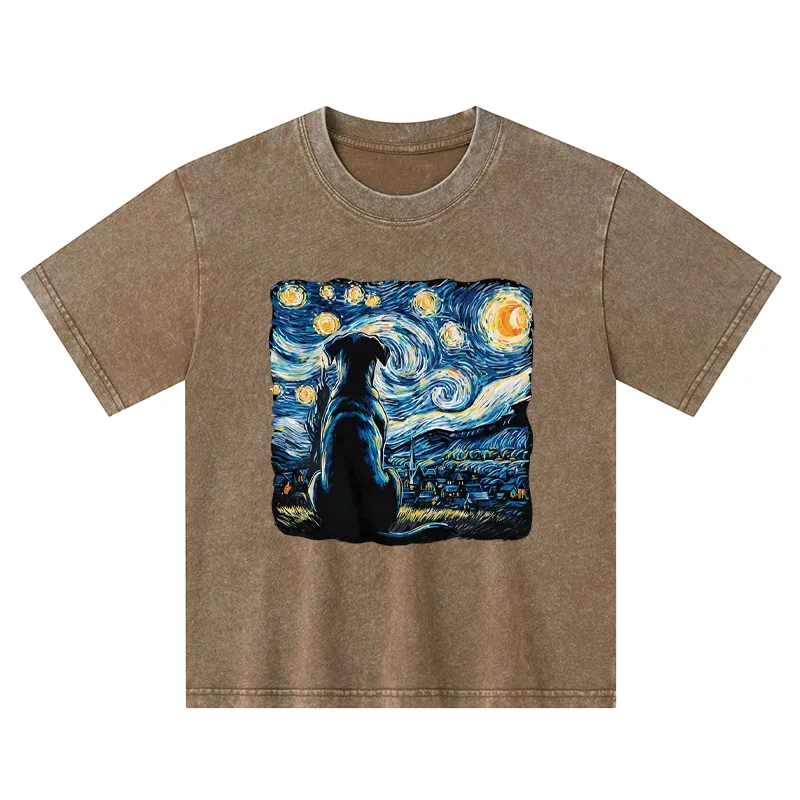 Tokyo-Tiger Starry Night Dog Kids Washed T-Shirt