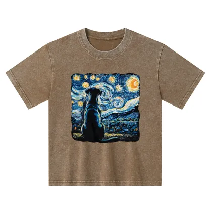 Tokyo-Tiger Starry Night Dog Kids Washed T-Shirt