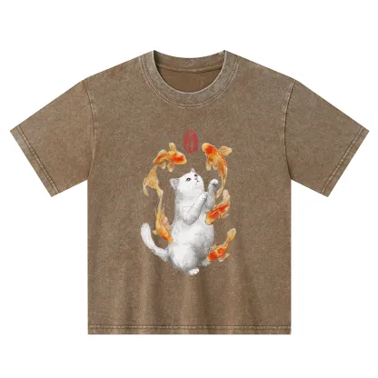 Tokyo-Tiger Zen Cat And The Dancing Fish Kids Washed T-Shirt