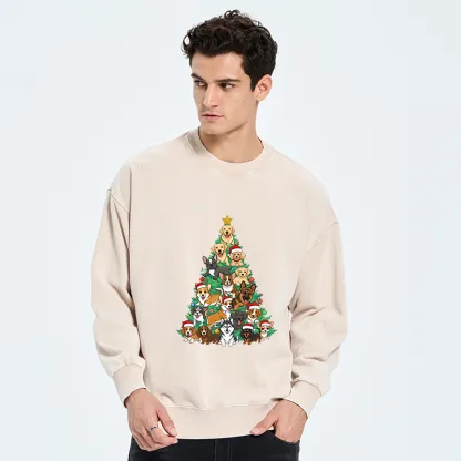 Tokyo-Tiger Christmas Tree Dog Funny Washed Sweatshirt