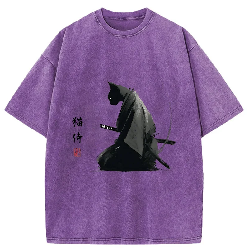 Tokyo-Tiger Kneeling Cat Samurai Washed T-Shirt