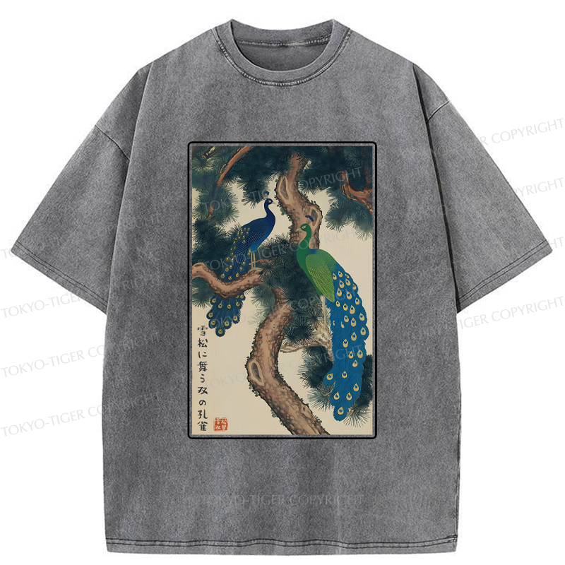 Tokyo-Tiger Peacocks in Snowy Pines Washed T-Shirt