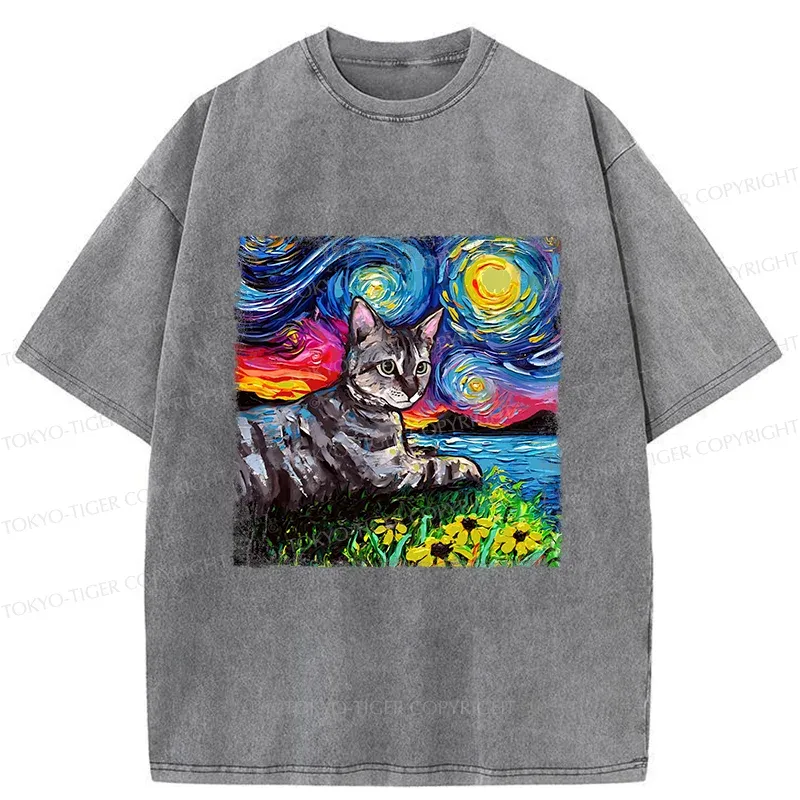 Tokyo-Tiger Cat Under The Starry Night Funny Washed T-Shirt