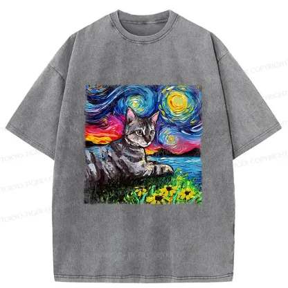 Tokyo-Tiger Cat Under The Starry Night Funny Washed T-Shirt