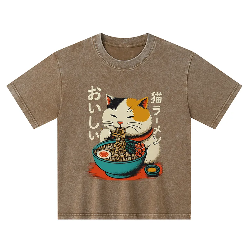 Tokyo-Tiger Cute Eat Eating Japanese Ramen Kids Washed T-Shirt