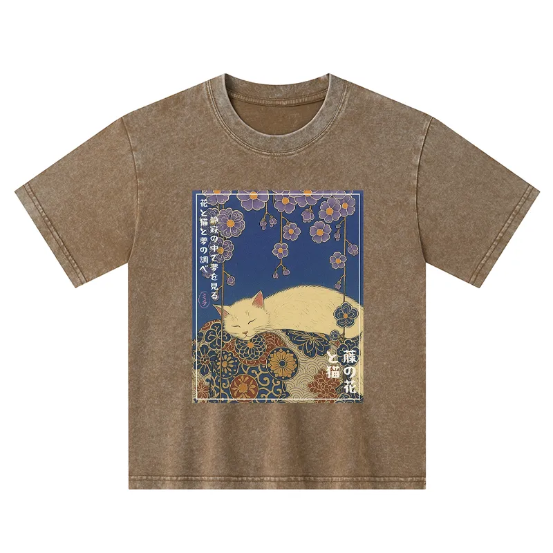 Tokyo-Tiger Ukiyoe Wisteria Flowers And Cats Kids Washed T-Shirt