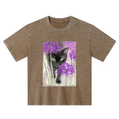 Tokyo-Tiger A Cat Among The Flowers Kids Washed T-Shirt