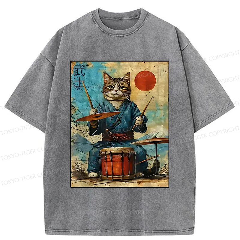 Tokyo-Tiger Cat Playing Drums Washed T-Shirt Sale