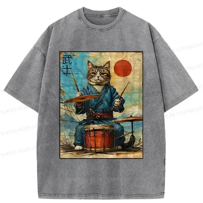Tokyo-Tiger Cat Playing Drums Washed T-Shirt