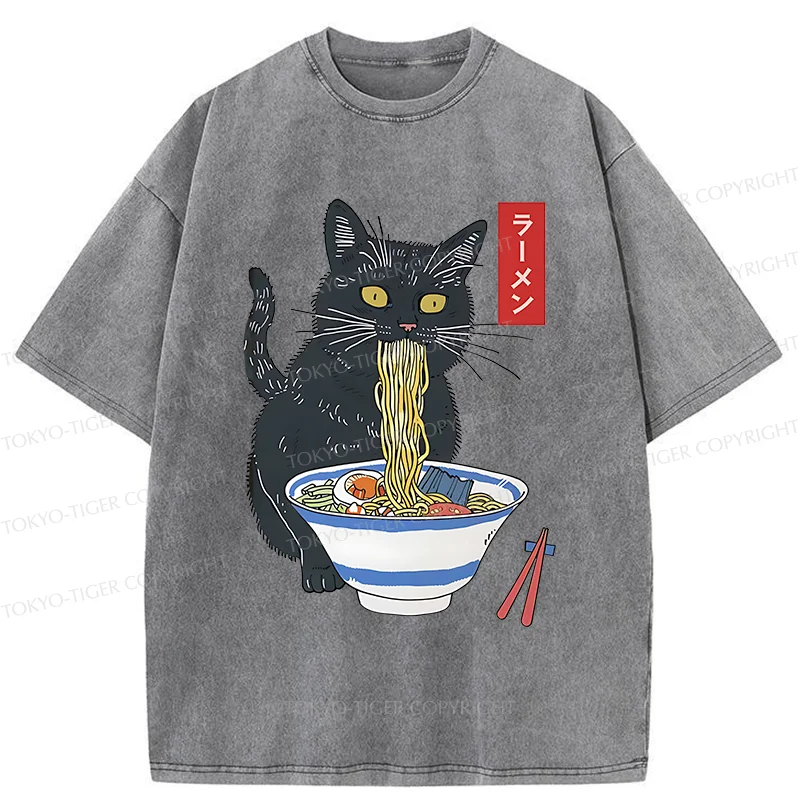 Tokyo-Tiger Black Cat Eats Delicious Ramen Washed T-Shirt