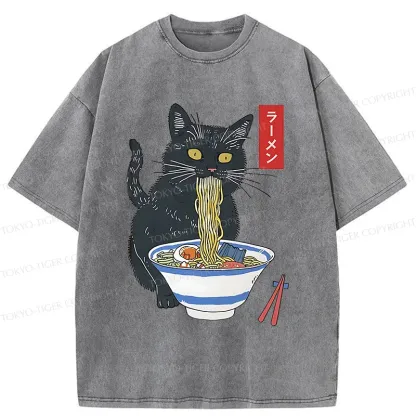 Tokyo-Tiger Black Cat Eats Delicious Ramen Washed T-Shirt