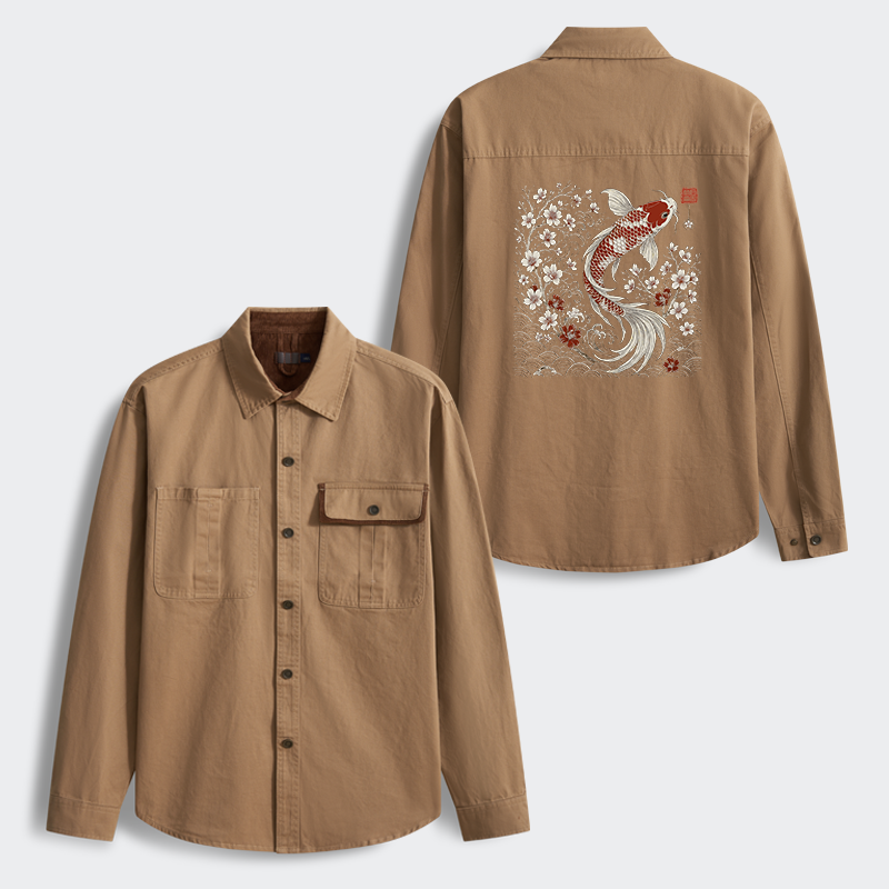 Tokyo-Tiger Vintage Sakura And Koi Men's Corduroy Work Jacket
