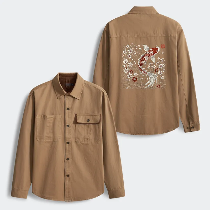 Tokyo-Tiger Vintage Sakura And Koi Men's Corduroy Work Jacket