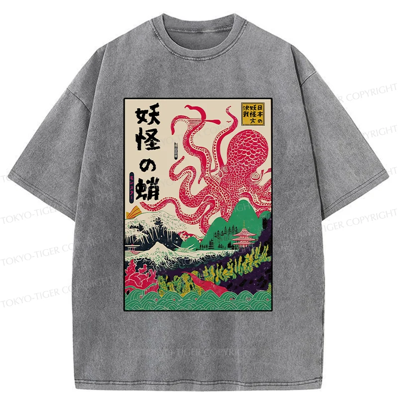 Tokyo-Tiger Octopus Japanese Yokai Washed T-Shirt