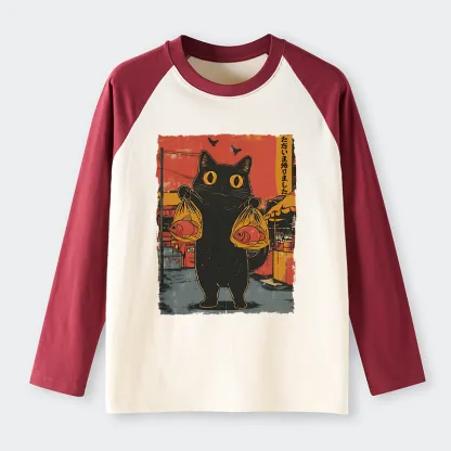 Tokyo-Tiger Cat Fishing Japanese Raglan Long Sleeve T-shirt
