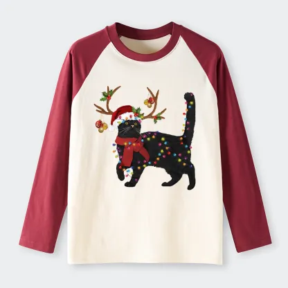 Tokyo-Tiger Christmas Black Cat Raglan Long Sleeve T-shirt