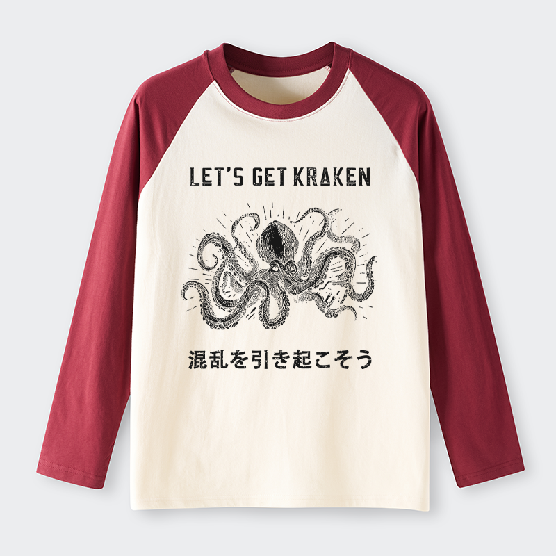 Tokyo-Tiger Funny Octopus：Let’s Get Kraken Raglan Long Sleeve T-shirt