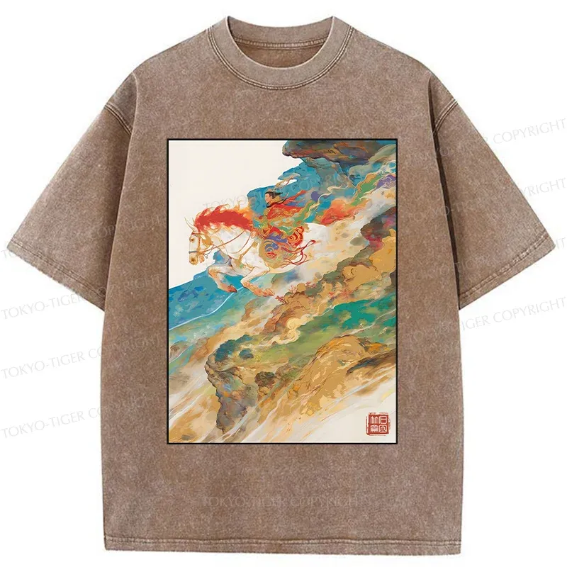 Tokyo-Tiger Landscape Painting Washed T-Shirt