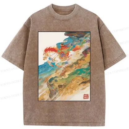 Tokyo-Tiger Landscape Painting Washed T-Shirt